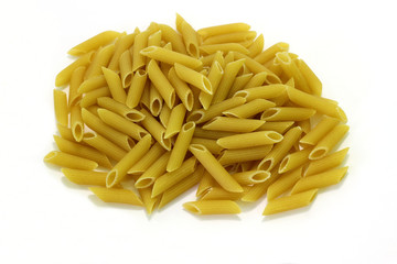 Premium grade pasta. Penne rigate type of macaroni. Round bunch on white background