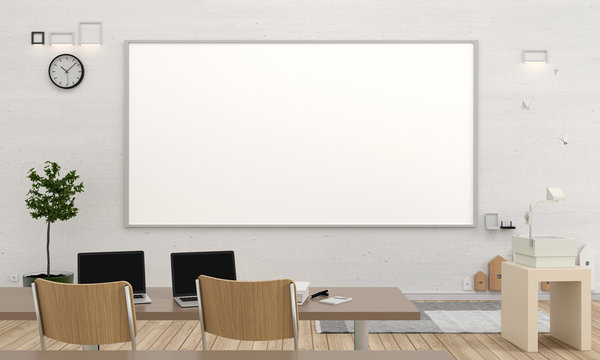 Classroom interior with big whiteboard for mockup, 3D rendering