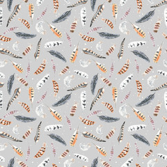 Seamless pattern with watercolor striped and polka dots feathers.  Feather of a pheasant, owl and other birds.