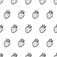 Seamless pattern of hand drawn outline monochrome strawberries in doodle style. For the design of fabrics, children's t-shirts, textiles, packaging, paper, notebooks
