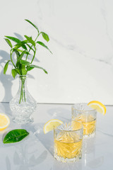 Two crystal glasses with yellow cocktails decorated with lemon. Vase with fresh greenery and glass goblets with green tea, alcohol drink on marble background. Direct sunlight and shadows. Minimalism.