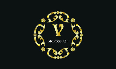 Vintage floral monogram with the letter V. Exquisite gold three-dimensional logo. Luxury frame for business sign, label, boutique brand, hotel, restaurant, heraldry.