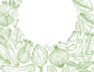 Vegetables Hand-drawn background with nature mediterranean vegetables.