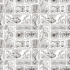 The background is seamless from blocks with drawings. Abstraction. Plant motifs. 