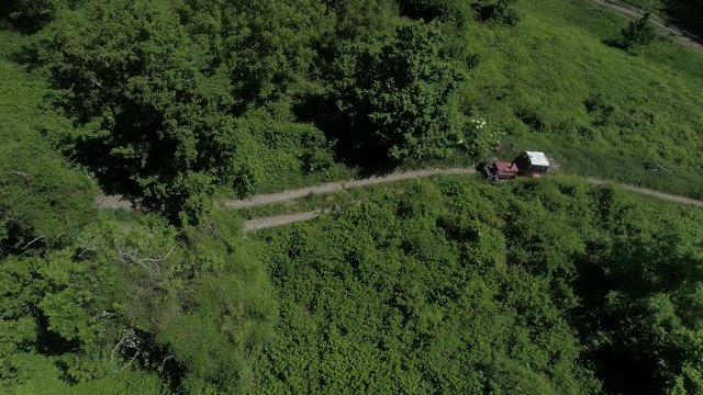 Trattore visto dal Drone nella foresta