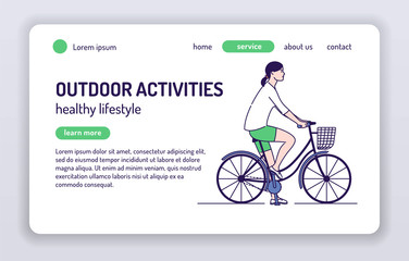 Adorable female bicyclist web banner. Healthy lifestyle and rest on nature. Isolated cartoon character on a white background. Concept for web page, presentation, smm, ad, site. UX UI GUI design.