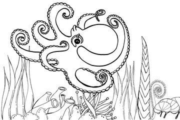 Underwater octopus cuttlefish, squid, devil . Beautiful drawings with patterns.