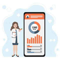 Female nutritionist or dietitian doctor holding vegetable and clipboard. Smartphone with health monitoring, nutrition chart control. Healthcare and weight loss concept. Flat vector illustration.