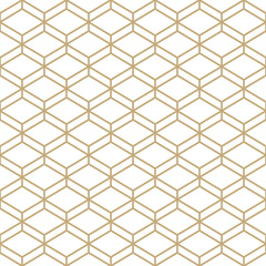 Abstract simple pattern with golden honeycomb grid. Gold and white geometric background. Modern seamless texture in minimal style.