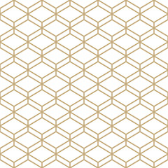 Abstract simple pattern with golden honeycomb grid. Gold and white geometric background. Modern seamless texture in minimal style.