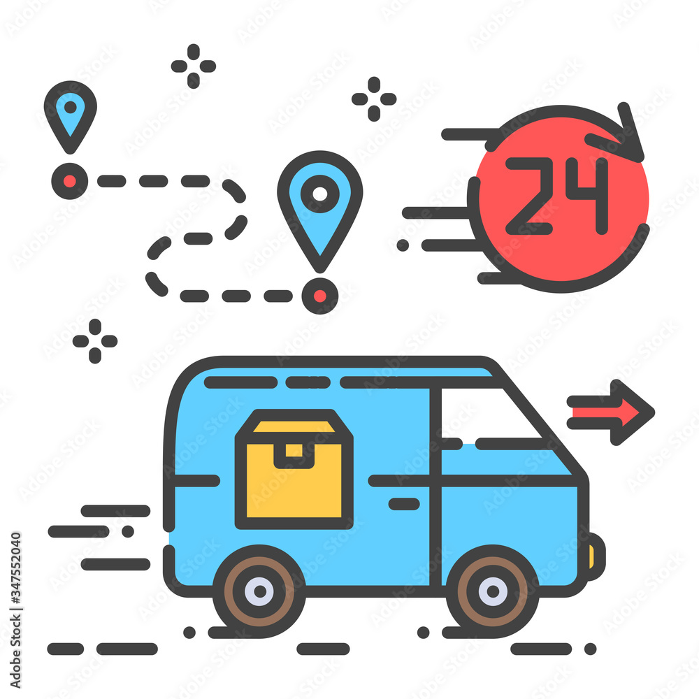 Poster 24 hour delivery under the door color line icon. freight transport sign. express shipping. sign for 