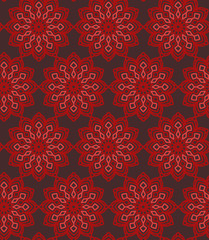 Stylized red flower. Mandala. Seamless pattern, ornament. Suitable for covers, clothing, wallpaper, textiles, accessories, tiles.