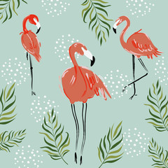 Set with flamingo silhouette. Summer time. Exotic Hawaii art background. Design for fabric, wallpaper, textile and decor.