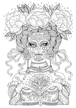 Vector drawn woman calavera makeup with flowers in wavy hair braided in pigtails with developing ribbons. Decorated with themed accessories. Mexican holiday Day of the Dead. Design card print t-shirt