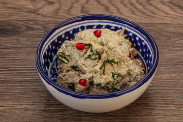 Vagan dietary cusine - mutabal with granet seeds