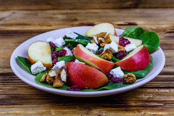 Salad with spinach leaves, feta cheese, cranberries, walnuts and apple in a ceramic plate