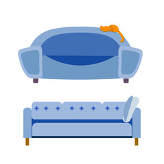 Comfortable modern blue, soft sofas. The cat is sitting and lying on the couch. Interior design elements for the apartment.