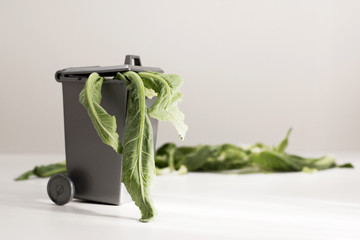 Grey trash can with environmental waste on a white background