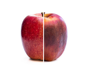 Conceptual image of half ripe red apple showing different stages