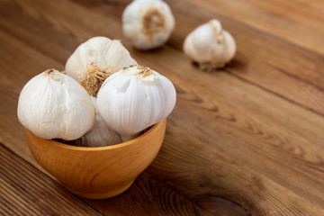 Isolated garlic whole on wooden background. Cooking ingredient. Copy space.