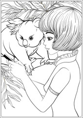 Young beautiful girl with koala and eucalyptus. Coloring page for the adult coloring book. Outline hand drawing vector illustration..
