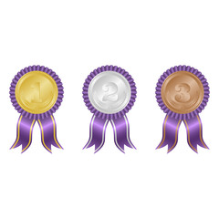 Gold, silver and bronze award medals vector design isolated on white background. 1st, 2nd and 3rd place badge vector design.