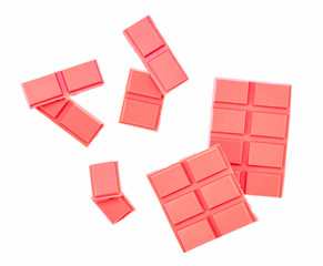 strawberry chocolate. pink chocolate isolated on white background, top view.