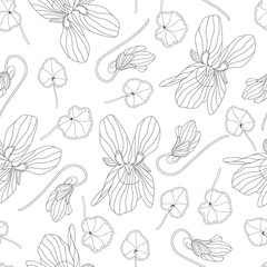 Seamless vector background. Black-and-white floral pattern, violets with leaflet. Suitable for packaging, for fabric. Notebook cover, wallpaper