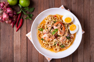 Spicy Thai Banana Blossom Salad with shrimp and boiled egg (Yum Hua Plee).Top view