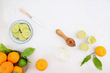 Fototapeta na wymiar Citrus infused water preparation. Fresh oranges and limes
