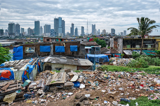 View of Mumbai skyline with skyscrapers over slums in Bandra suburb. Mumbai, Maharashtra, India