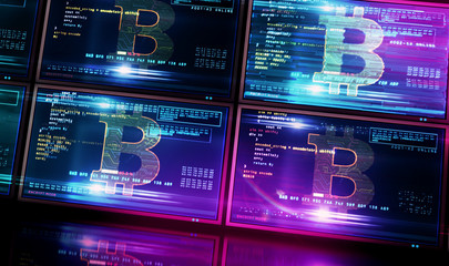 Obraz premium Bitcoin mining on screen