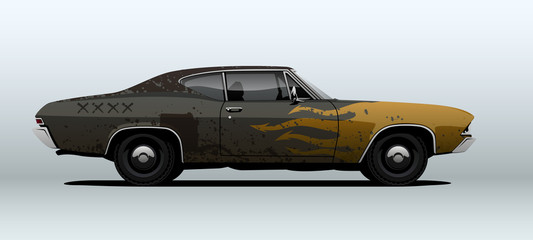 Rusty muscle car. Vector illustration, view from side.