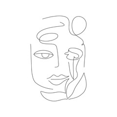 Woman face one line with flower. Female face with rose. Hand drawn line style. Abstract portrait. Vector illustration, black on white background