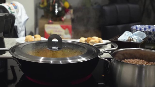 stewing vegetables in pan making filling for beef roast