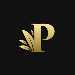 Golden Initial Letter P Leaf Logo