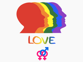 illustration of faces of girls and men in profile, LGBT community, love of all sexes man with two girls
