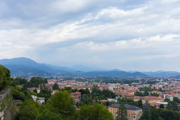 Fototapeta na wymiar Summer European city skyline. Top down city view. Italian city landscape. View of Bergamo city. Italy.