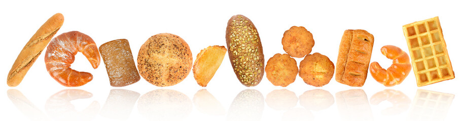 Freshly baked bread products in row with light reflection isolated on white