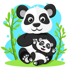Panda bear with little panda sitting near the bamboo