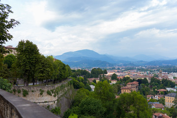 Naklejka premium Summer European city skyline. Top down city view. Italian city landscape. View of Bergamo city. Italy.