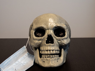 Skull with hospital mask removed on one side