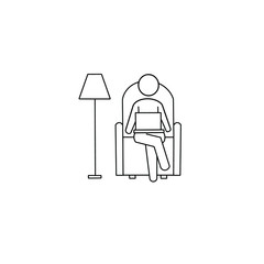 Editable outline art icon of a stick figure person, working at home with his laptop on his lap sitting in comfortable chair on the living room with a lamp behind him in modern flat black vector line i