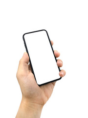 hand of a person holding a black smartphone with copy space. Isolated on white background with clipping path.