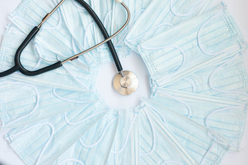 fanendoscope and blue medical masks on a white background