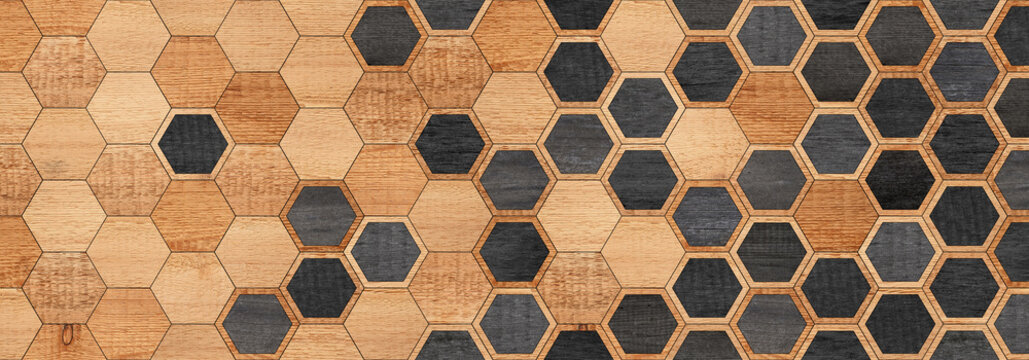 Natural wood texture for background. Parquet floor with hexagonal pattern. 