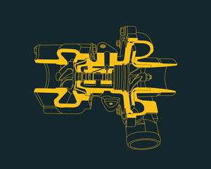 Outline of sectioned turbocharger. Vector illustration