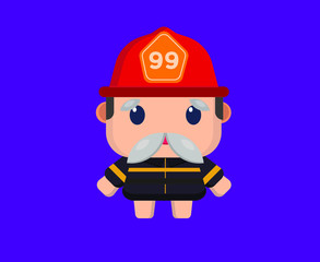 Flat vector little character design, old firefighter
