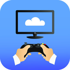 Cloud gaming streaming service or platform app icon design. simple flat controller and TV logo. Hands holding  gamepad or joystick.