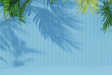Empty room background with palm leaf and shadow on the wall. 3d render.
